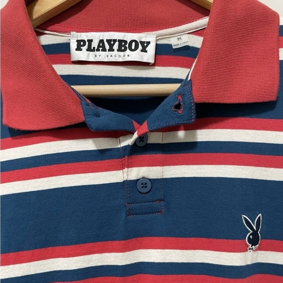 Playboy x PacSun Striped Long Sleeve Polo Men M Blue Red White Streetwear - Picture 3 of 9